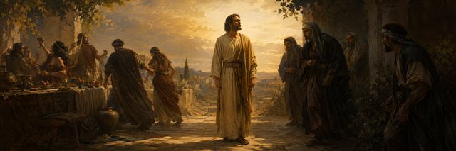 A calm righteous figure stands in warm light as revelers abandon a fading feast and conspirators gather nearby
